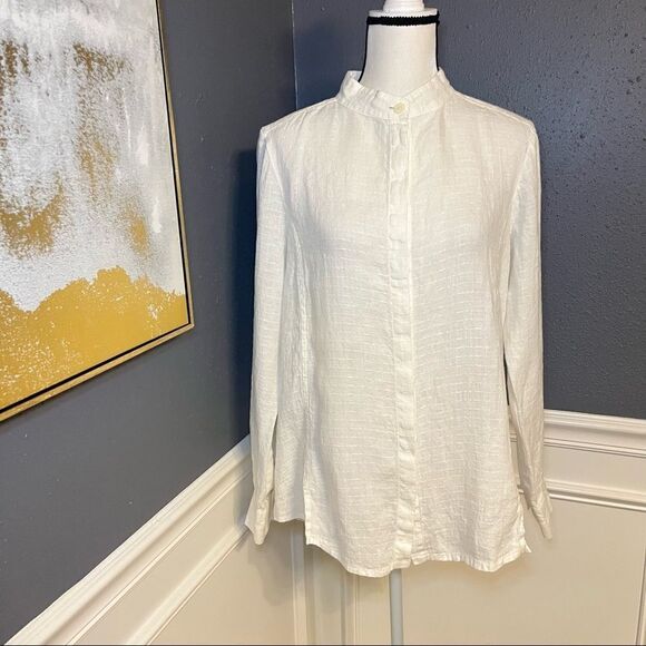 FLAX Linen Button Down Mandarin Collar Shirt - Picture 1 of 8